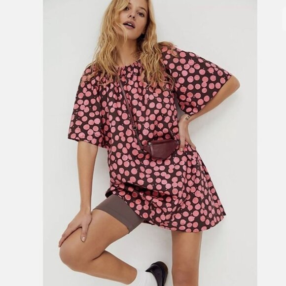 FREE People Pink/Chocolate Combo Jodie Printed Tunic Flowy Oversized top size XS - Picture 1 of 10